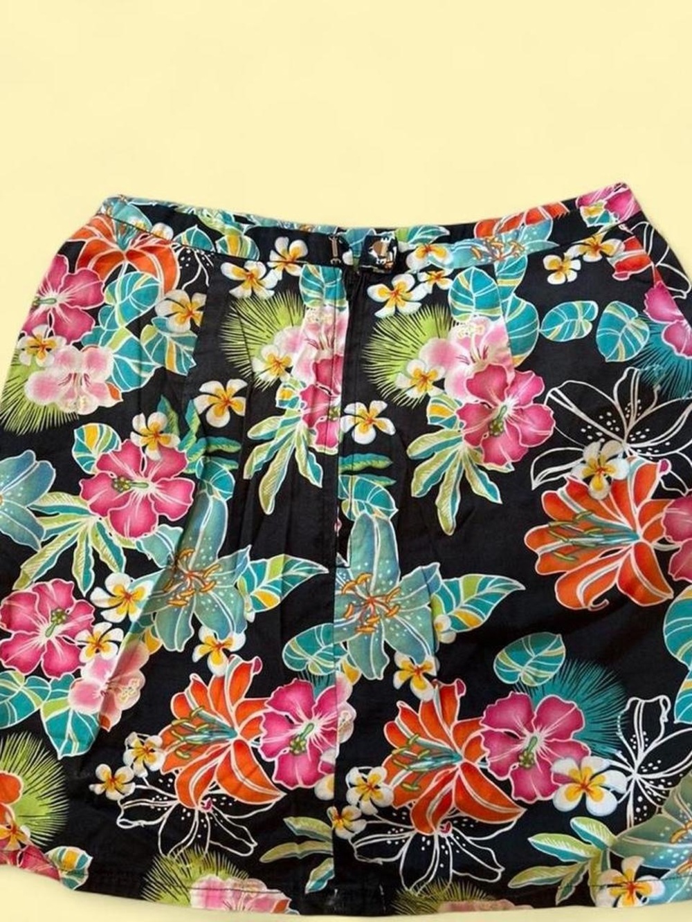 Vintage Tropical Floral Mini Skirt - Black with Pink & Teal Flowers